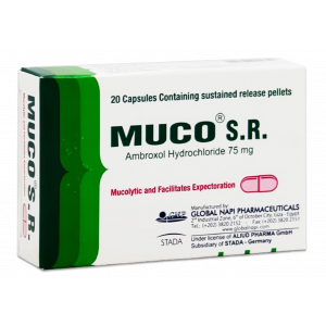 MUCO S.R. 75 MG ( AMBROXOL ) MUCOLYTIC & FACILITATES EXPECTORATION 20 CAPSULES CONTAINING SUSTAINED RELEASE PELLETS